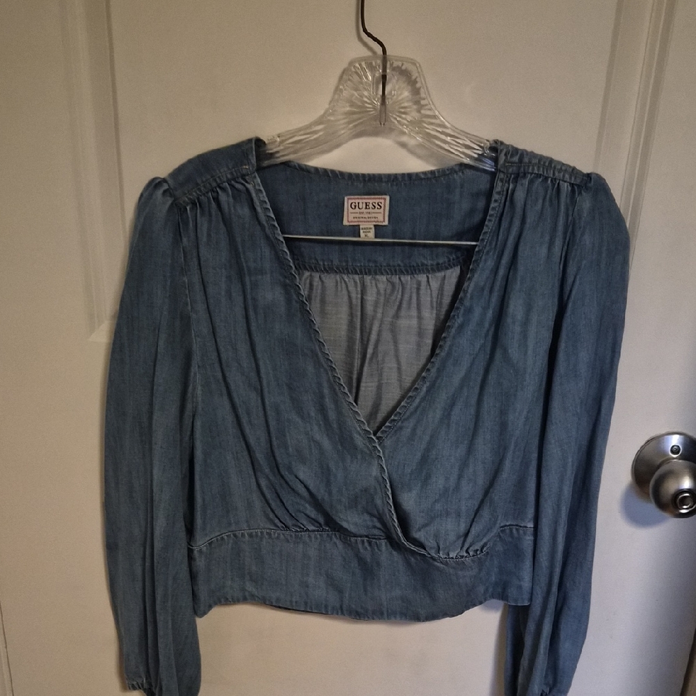 GUESS Light Blue Chambray Wrap-Style Women's Blouse